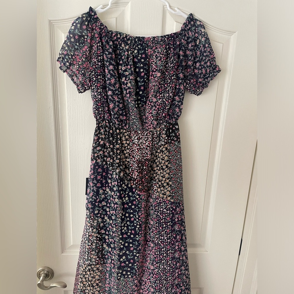 Lulus Neva Navy Blue Floral Print off-the-shoulder Maxi Dress